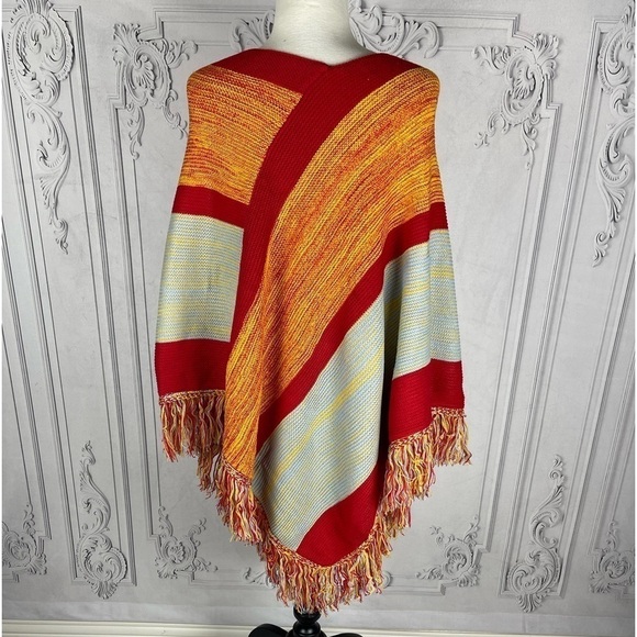 Colorful Striped Women's Poncho Fringe Sweater Layering Cardigan - Picture 6 of 9